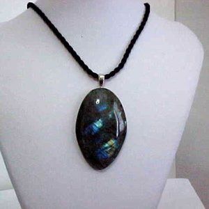 Larbradorite Pendant on Black Silk Cord